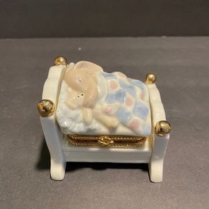 Porcelain Trinket Box Bedtime Bunny W/Teddy bear Formalities by Baum Bros